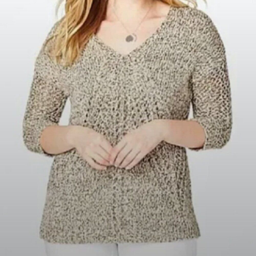 J. JILL Natural Marled Beige V-neck Chunky Knit Sweater MediumTunic Open Weave